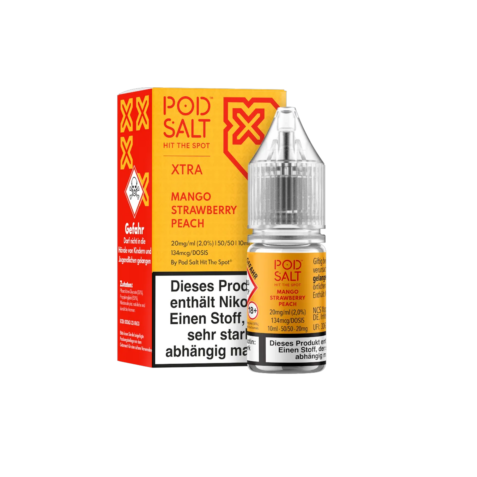Pod Salt Xtra Nikotinsalz E-Liquid Mango Strawberry Peach 10 ml mit 20 mg g&uuml;nstig bestellen 1