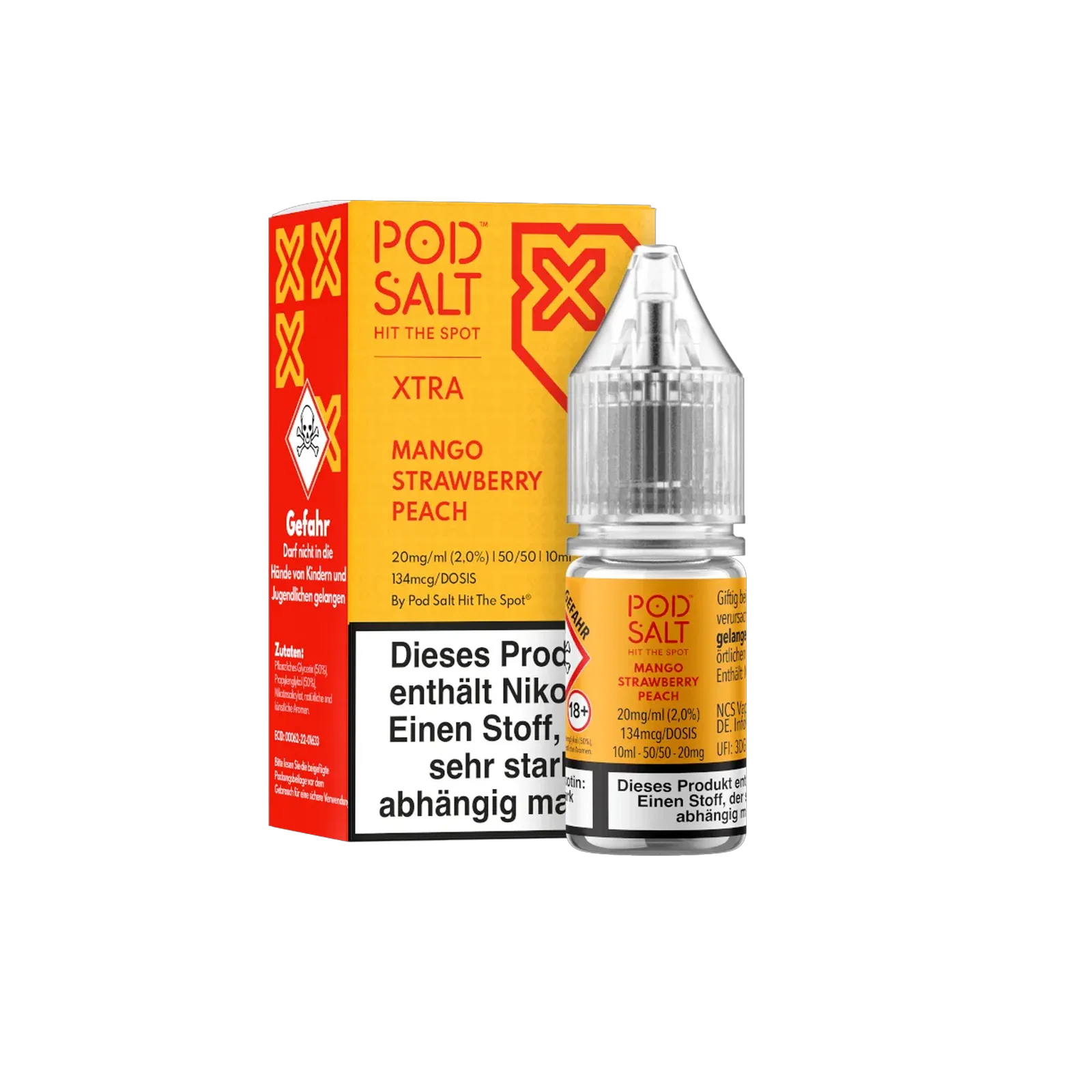 Pod Salt Xtra Nikotinsalz E-Liquid Mango Strawberry Peach 10 ml mit 20 mg g&uuml;nstig bestellen 1