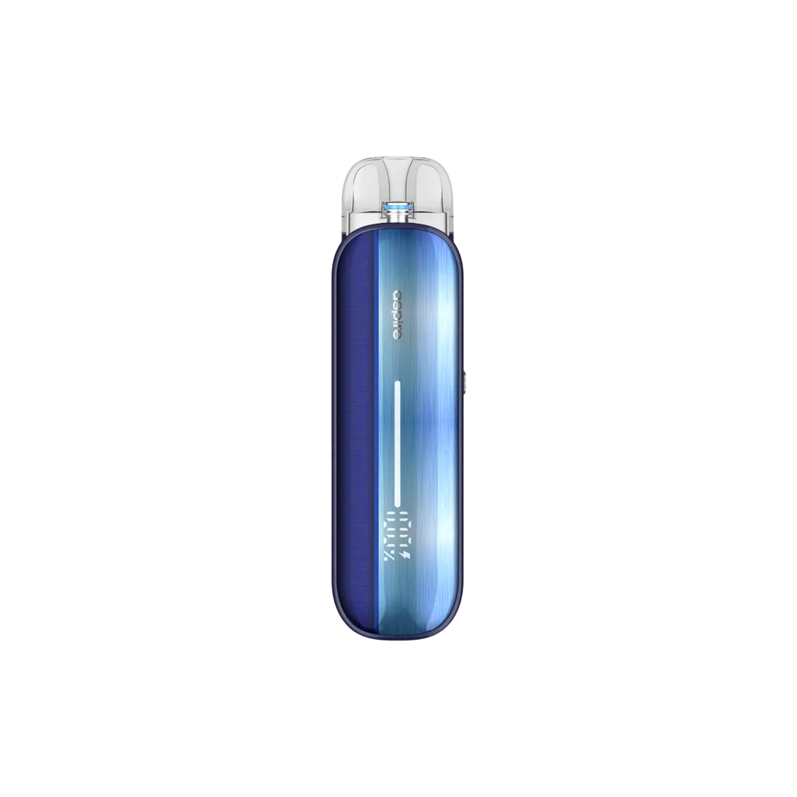 Blaue E-Zigarette Aspire Pixo Aura mit schlankem Gehäuse, LED-Anzeige und Podsystem, seitlich im Bild liegend auf hellem Untergrund. - 1