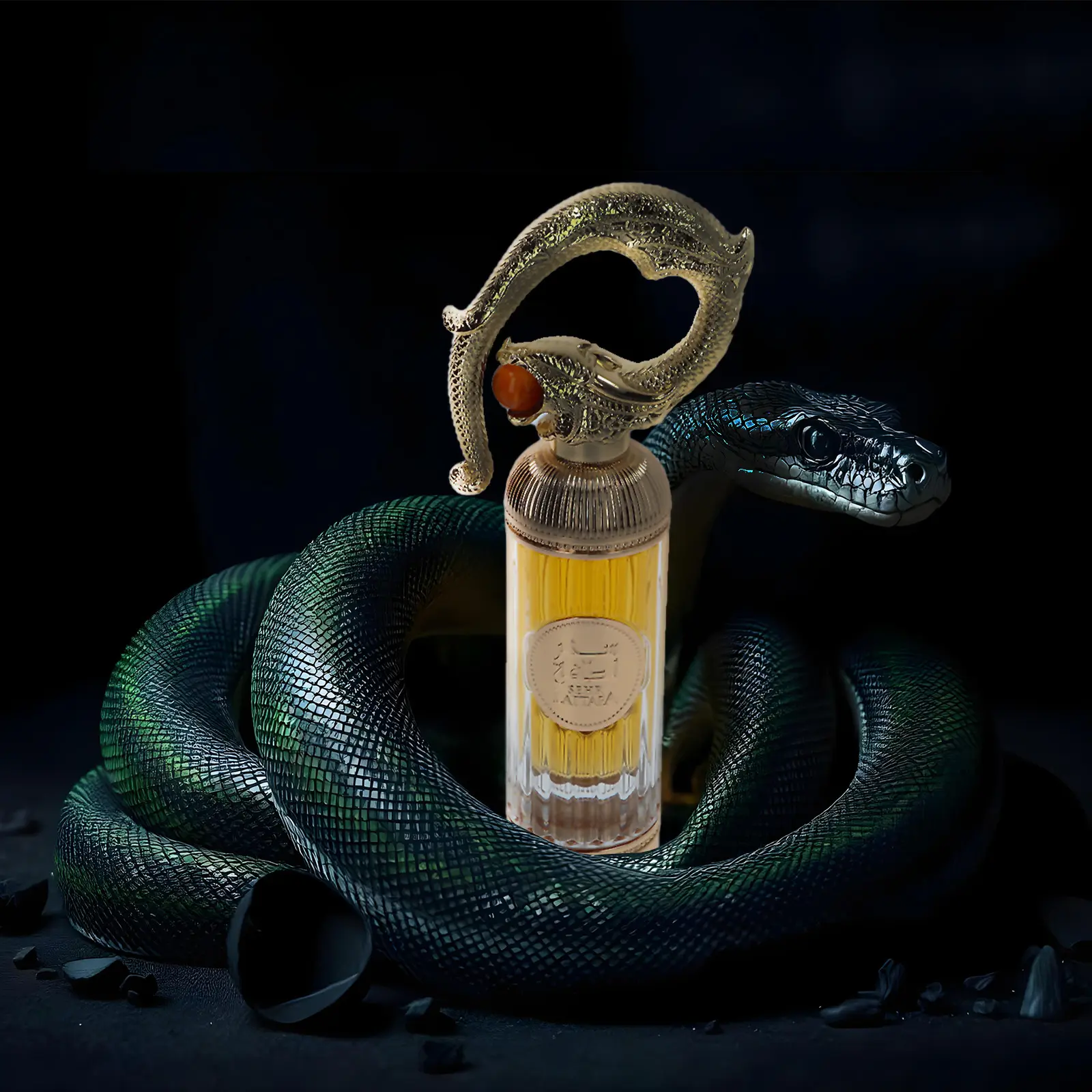 Lattafa Sehr Eau de Parfum in einem eleganten Flakon vor warmem, orientalischem Hintergrund