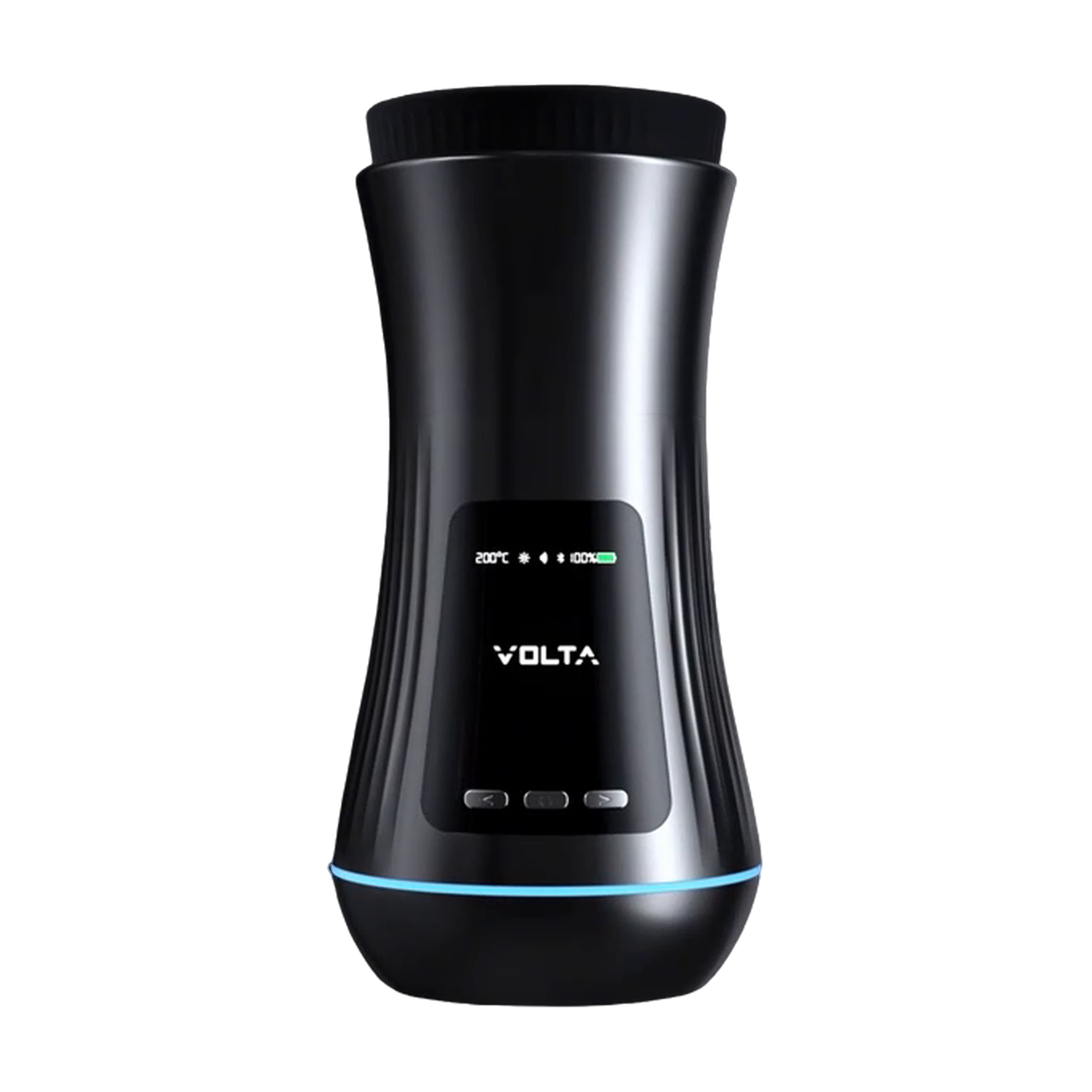 ShishaX VOLTA Black, elektrischer Shisha-Kopf in Frontansicht mit VOLTA-Startbildschirm und blau leuchtendem Lichtring