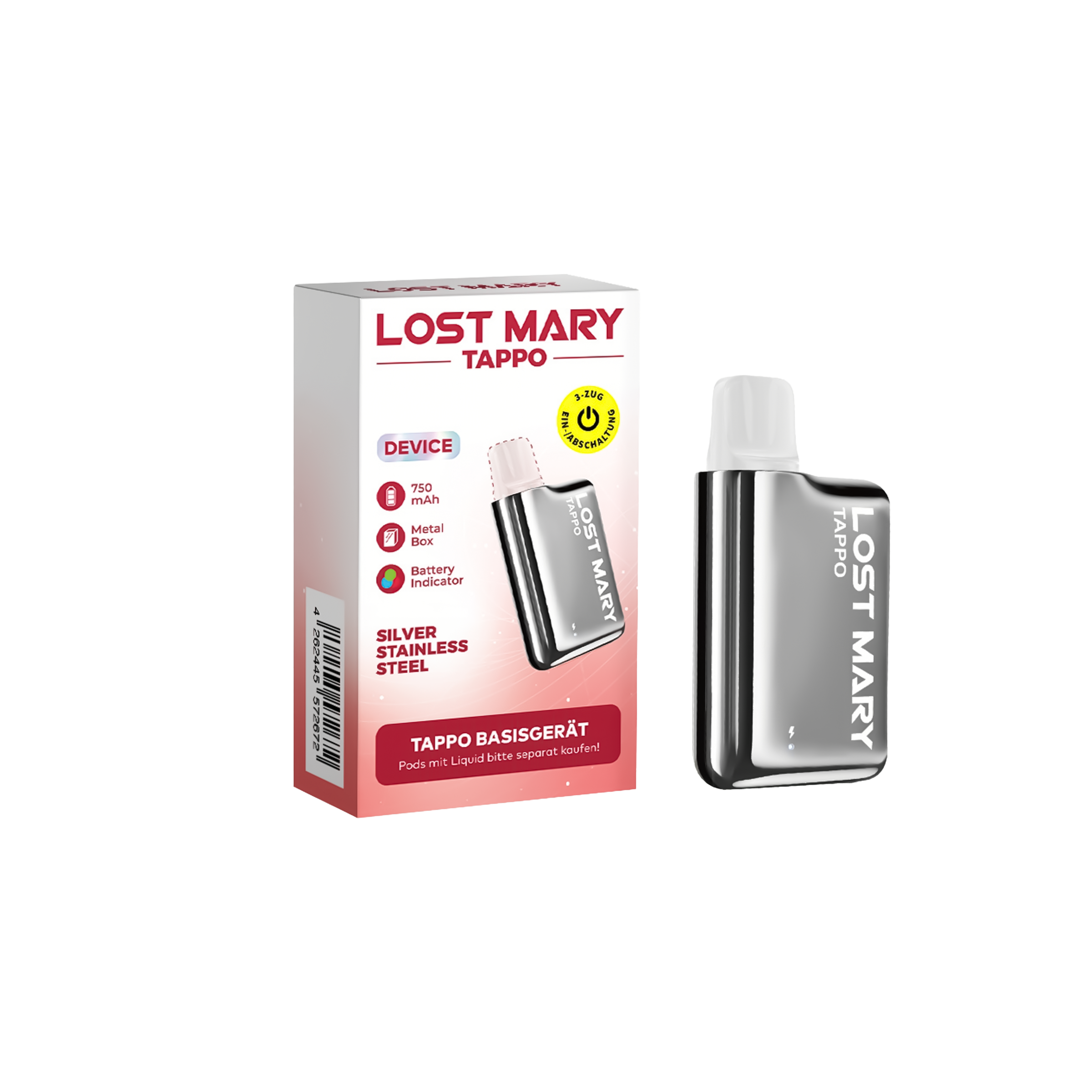 Lost Mary Tappo Basisgerät - Wiederaufladbares PreFilled Pod-System mit LED-Akkuanzeige Silver Stainless Steel