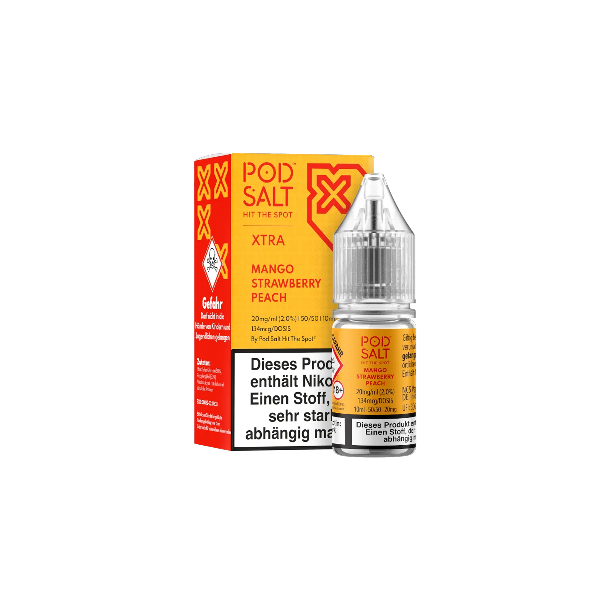 Pod Salt Xtra Nikotinsalz E-Liquid Mango Strawberry Peach 10 ml mit 20 mg g&uuml;nstig bestellen 1