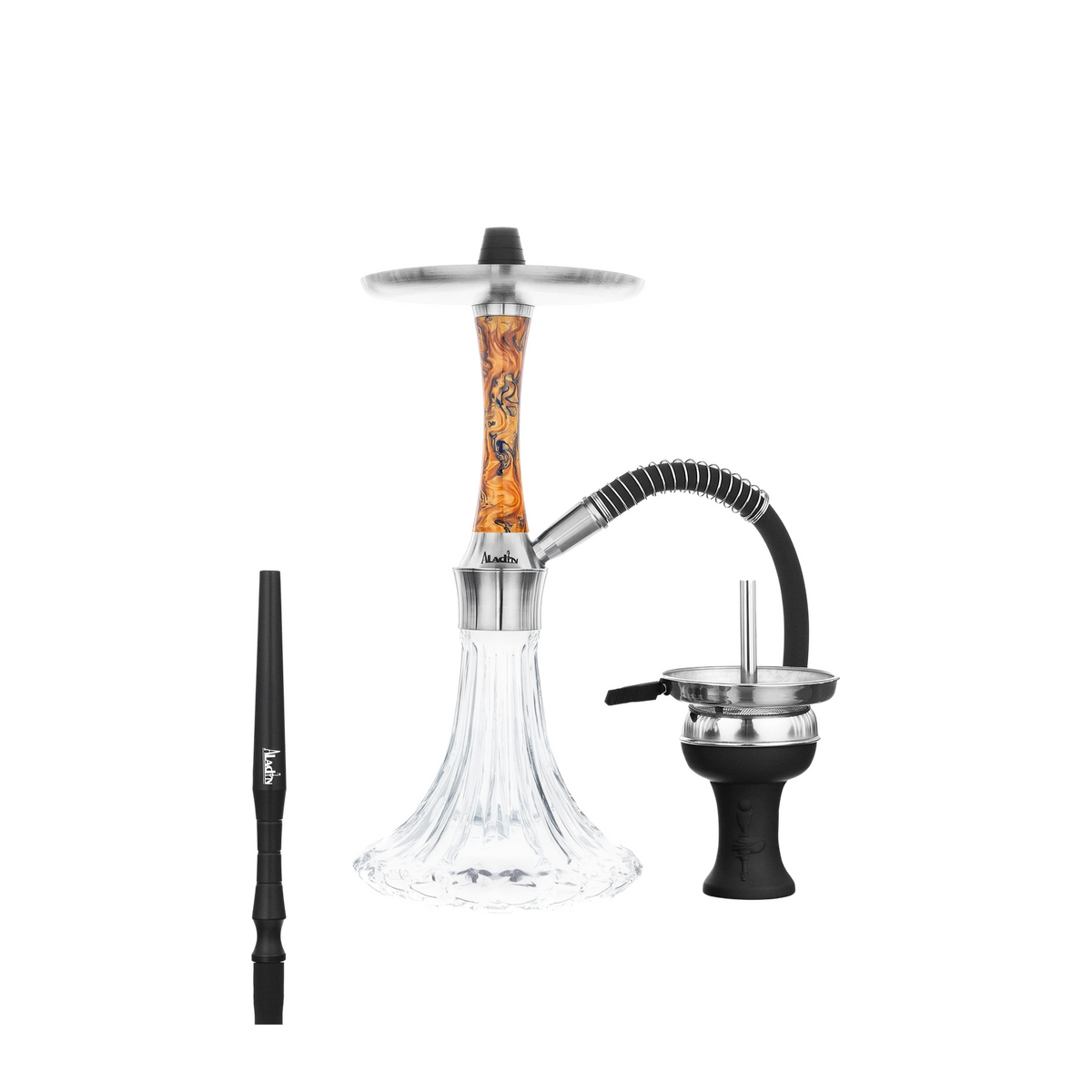 Aladin Epox 360 Pro Shisha Golden Wood mit orange-braun gemasertem Epoxidharz-Sleeve, Glasbowl, Schlauch und Kopf