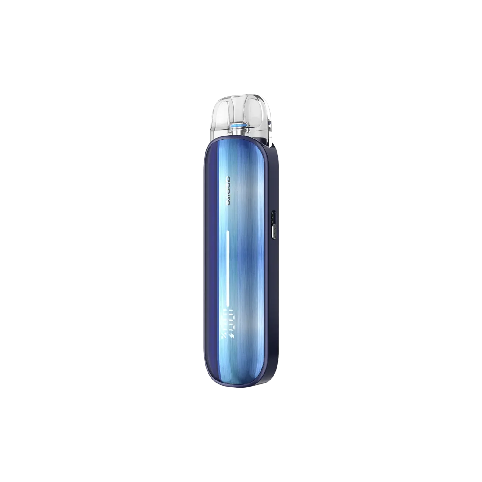 Blaue E-Zigarette Aspire Pixo Aura mit schlankem Gehäuse, LED-Anzeige und Podsystem, seitlich im Bild liegend auf hellem Untergrund. 2