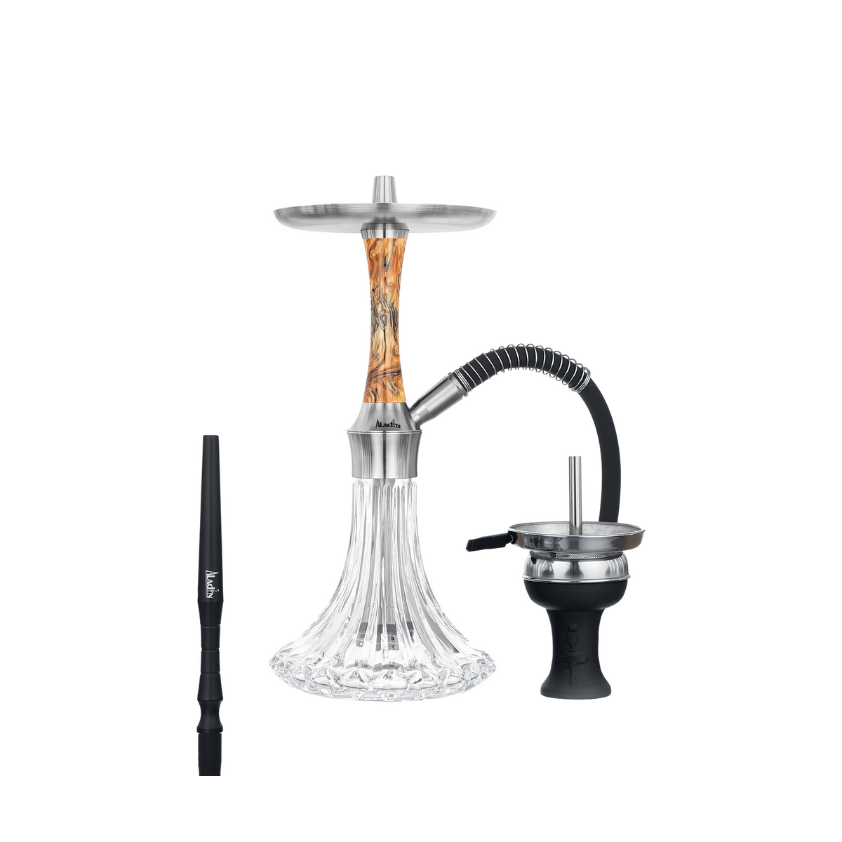 Aladin Epox 360 Shisha Golden Wood mit orange-braun gemasertem Epoxidharz-Sleeve, geschliffener Glasbowl, Schlauch und Kopf