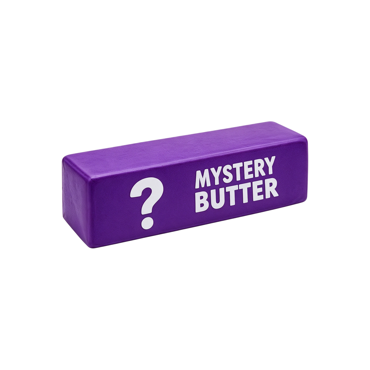 Lila Squishy in Butterst&uuml;ck-Form mit Fragezeichen und Aufdruck Mystery Butter