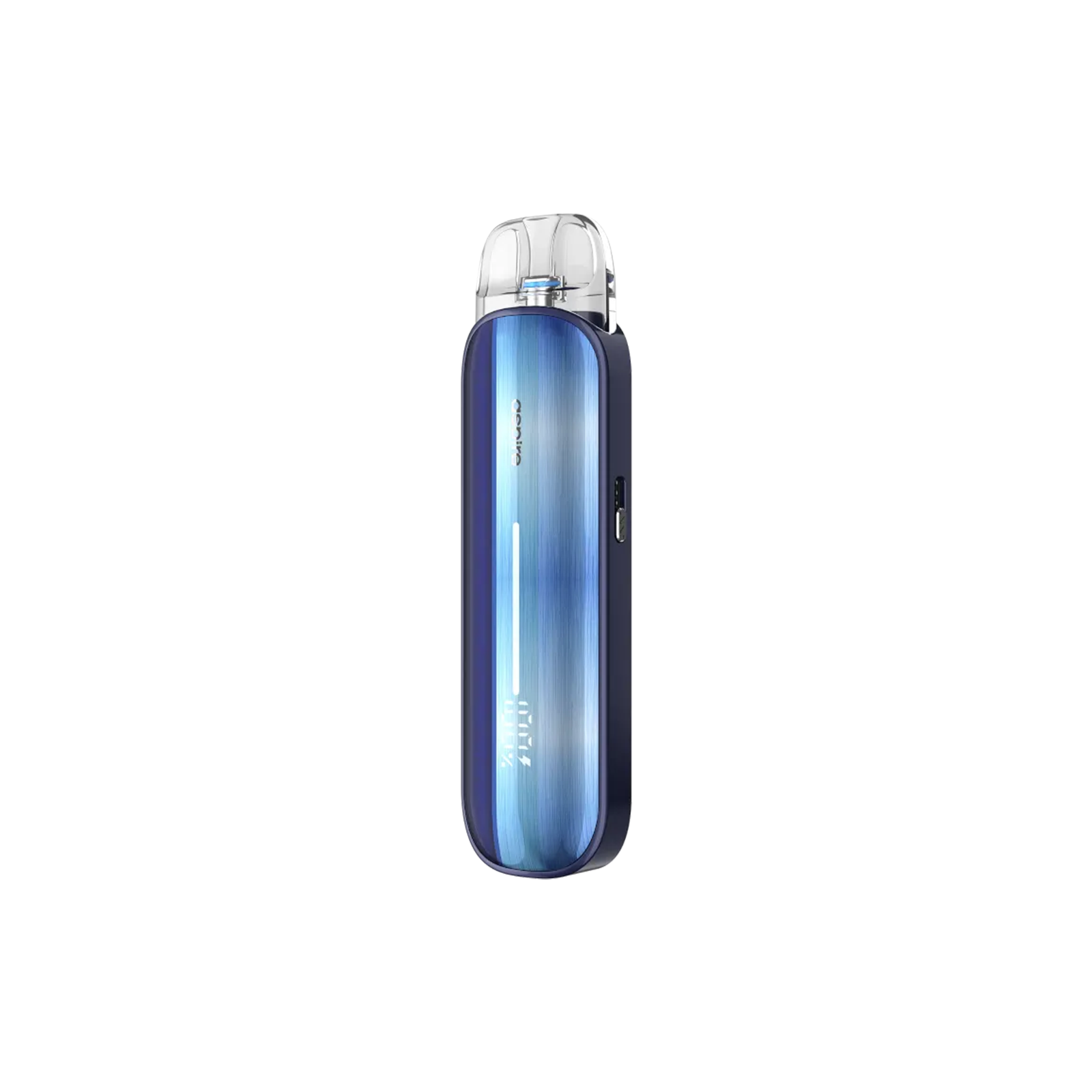 Blaue E-Zigarette Aspire Pixo Aura mit schlankem Gehäuse, LED-Anzeige und Podsystem, seitlich im Bild liegend auf hellem Untergrund. 2