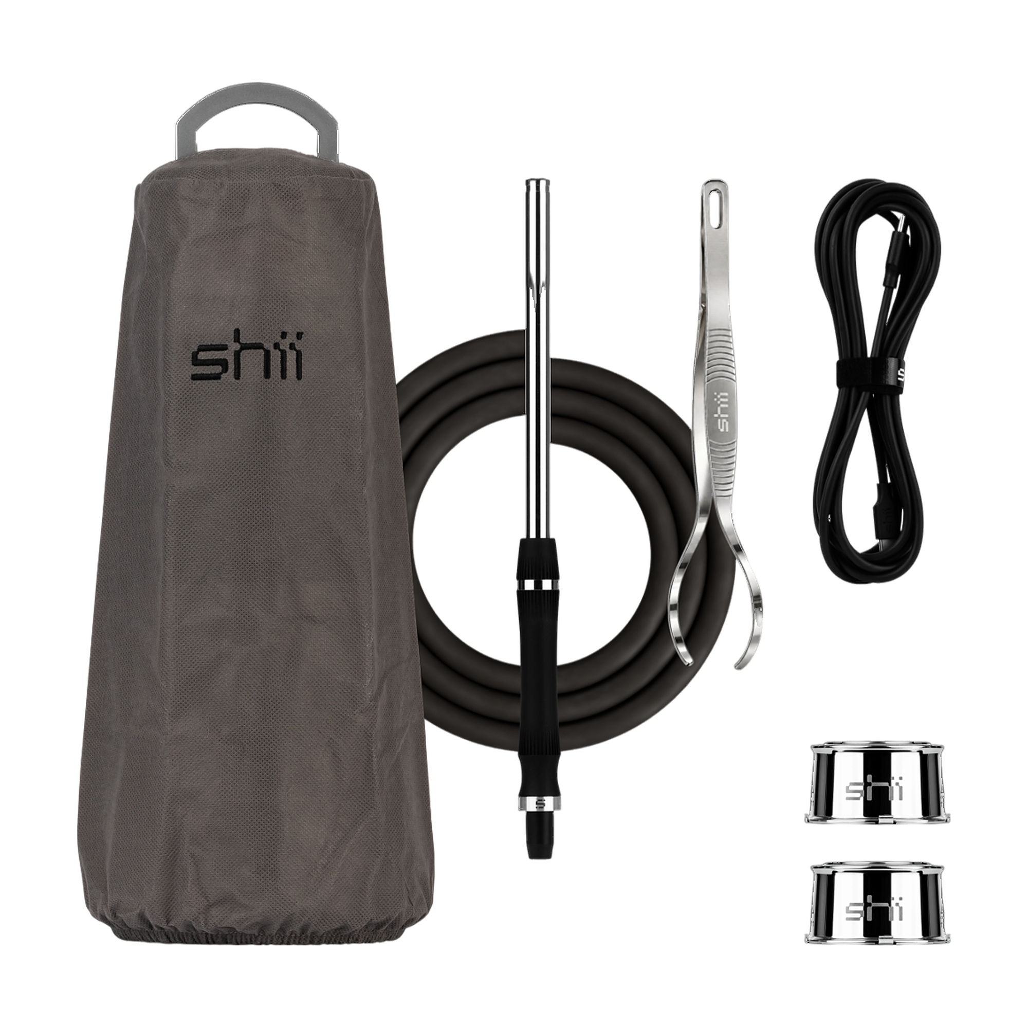 Lieferumfang der shii: Staub-Cover, Schlauch mit Mundst&uuml;ck, Pod-Zange, USB-C-Kabel und zwei Pods