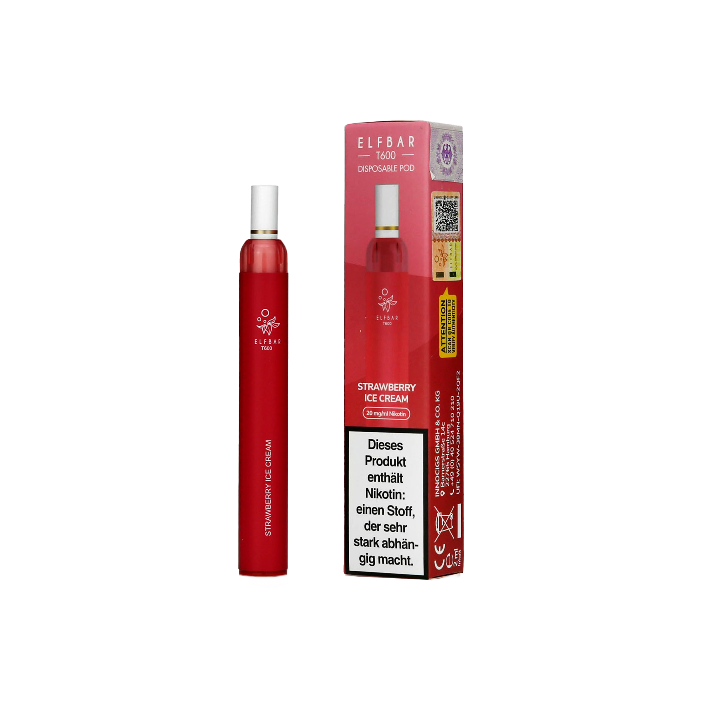 Elfbar T600 - Strawberry Ice Cream - Einweg Vapestick - 20 mg | Alle neuen Sorten günstig online kaufen - Hookain E-Shisha Onlineshop