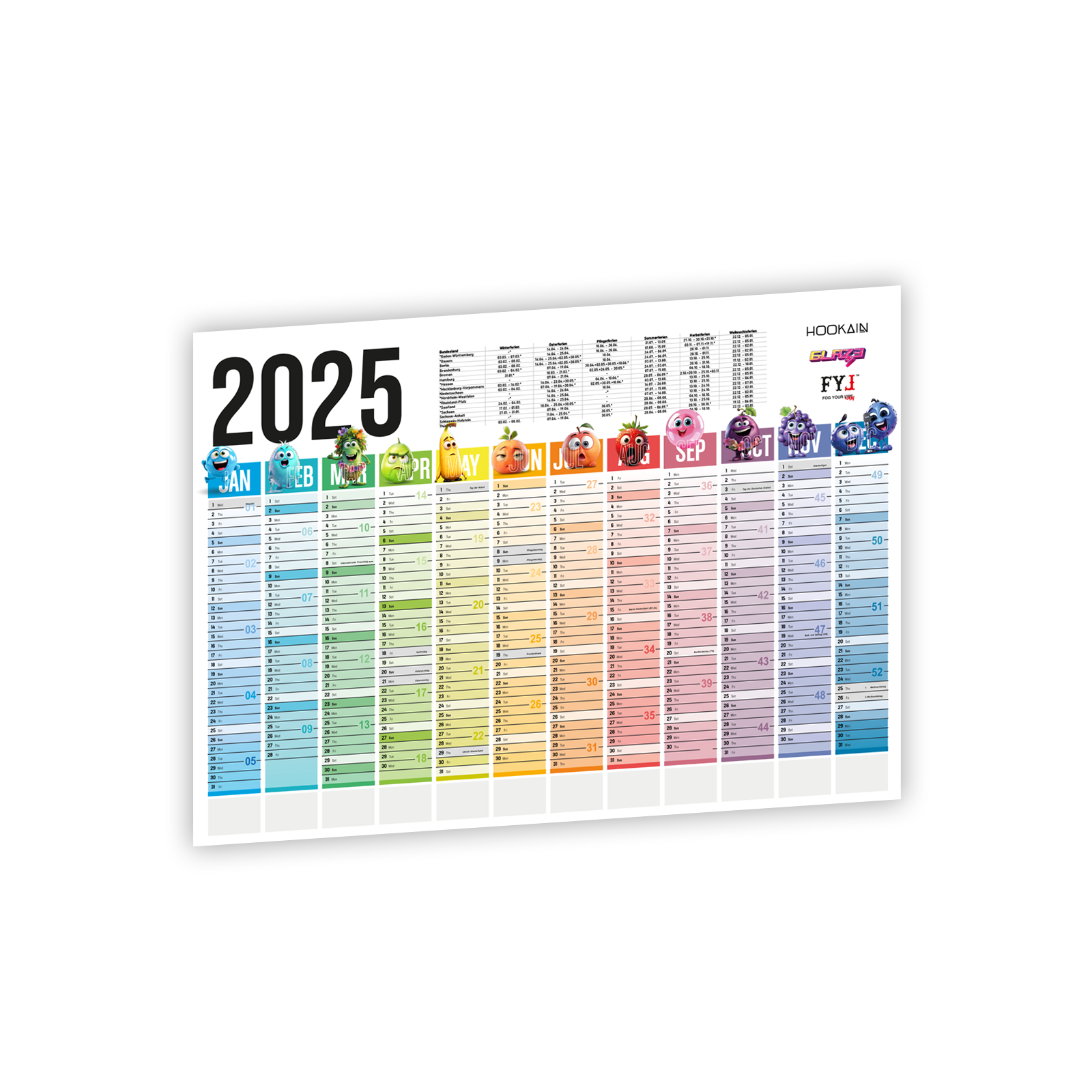 Hookain Wandkalender 2025 – XXL A1 Kalender mit allen Terminen & Feiertagen  