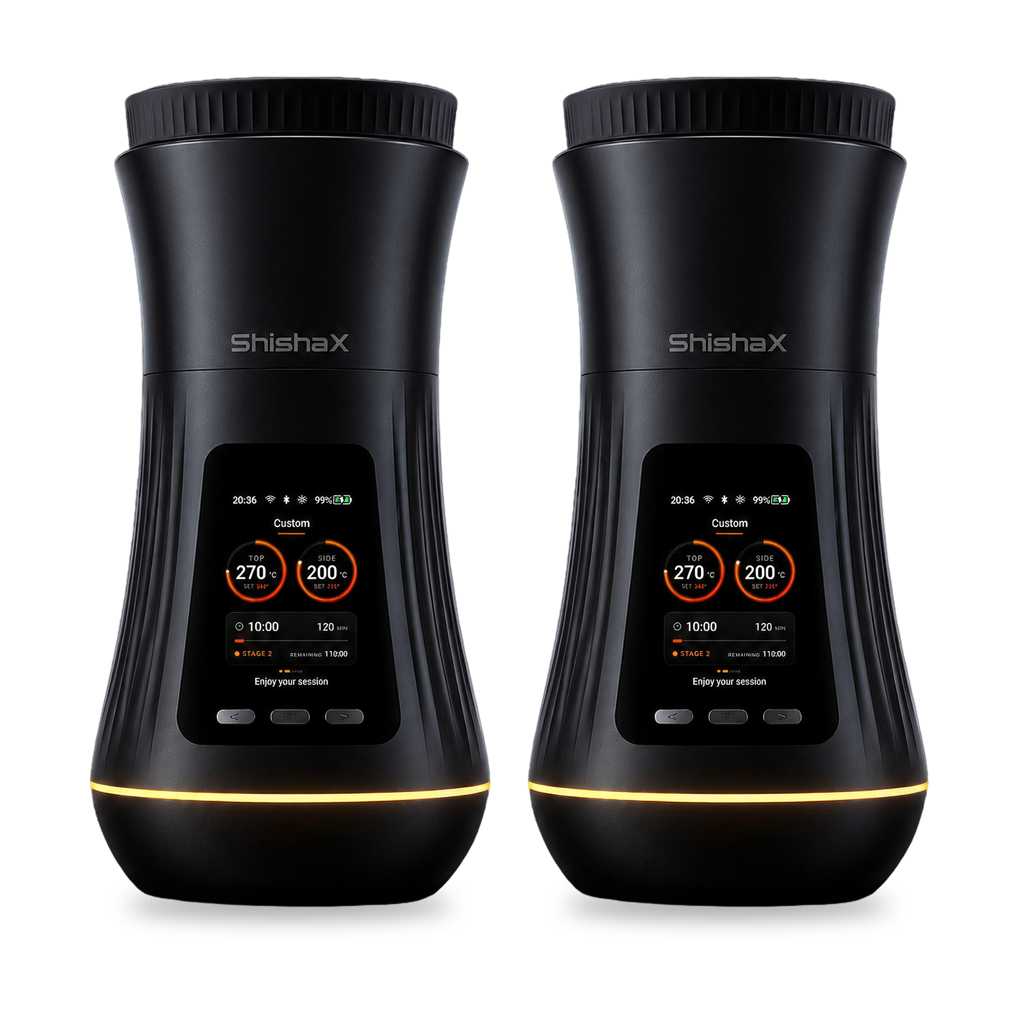 ShishaX VOLTA DUO Pack: zwei ShishaX VOLTA Black nebeneinander mit leuchtenden Displays