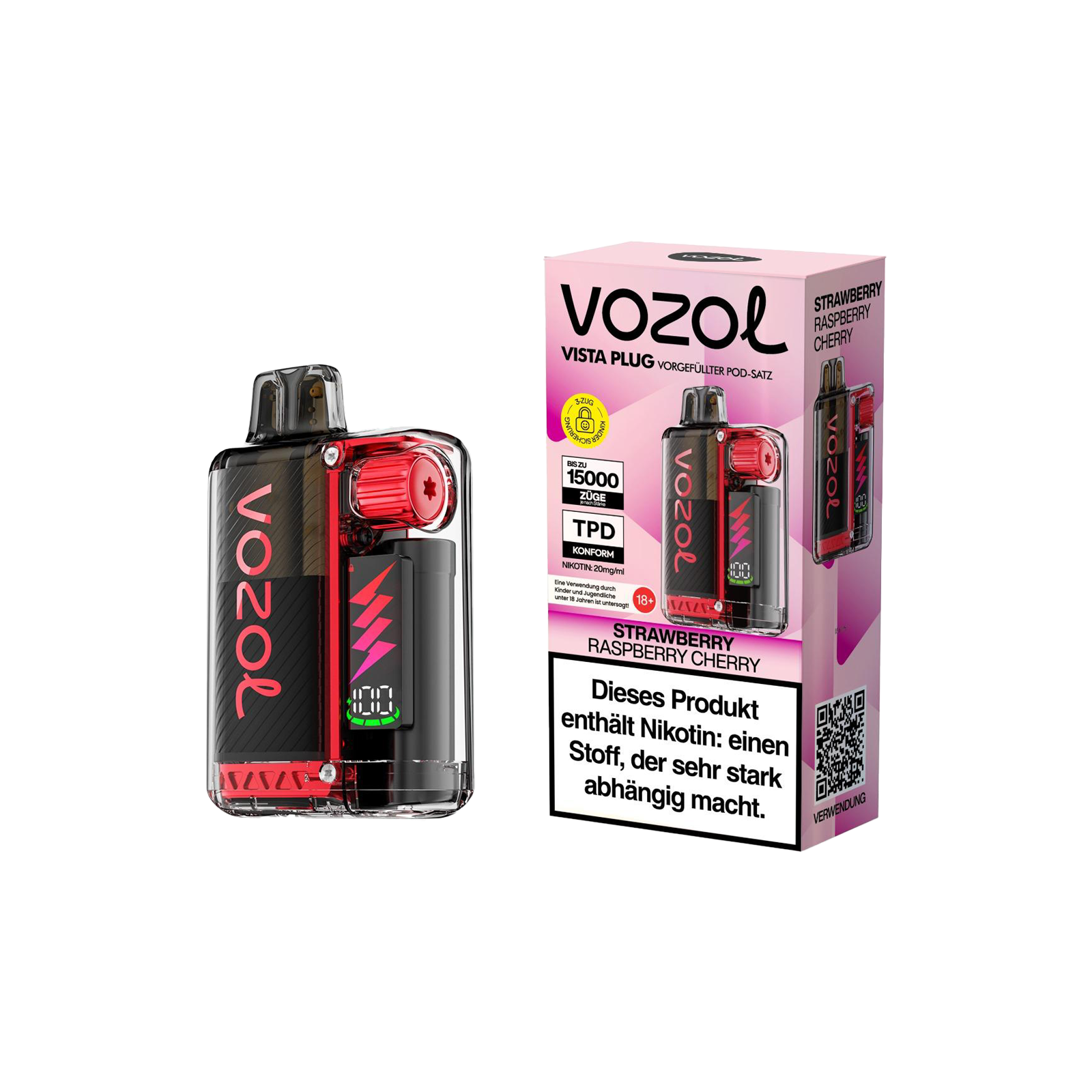 Vozol Vista Plug Strawberry Raspberry Cherry Starterkit – 15.000 Züge - 1
