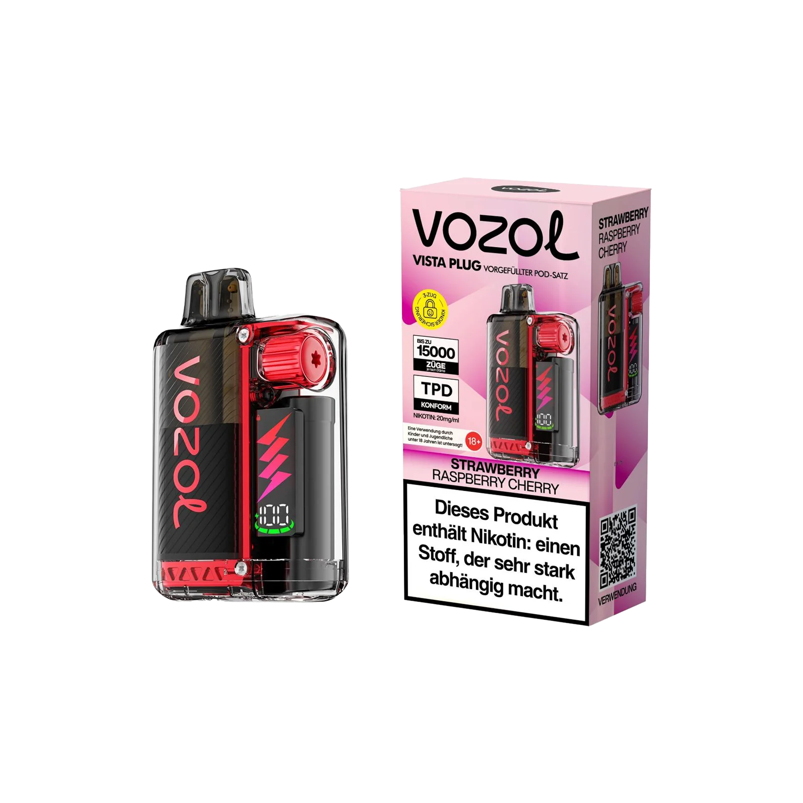 Vozol Vista Plug Strawberry Raspberry Cherry Starterkit – 15.000 Züge - 1