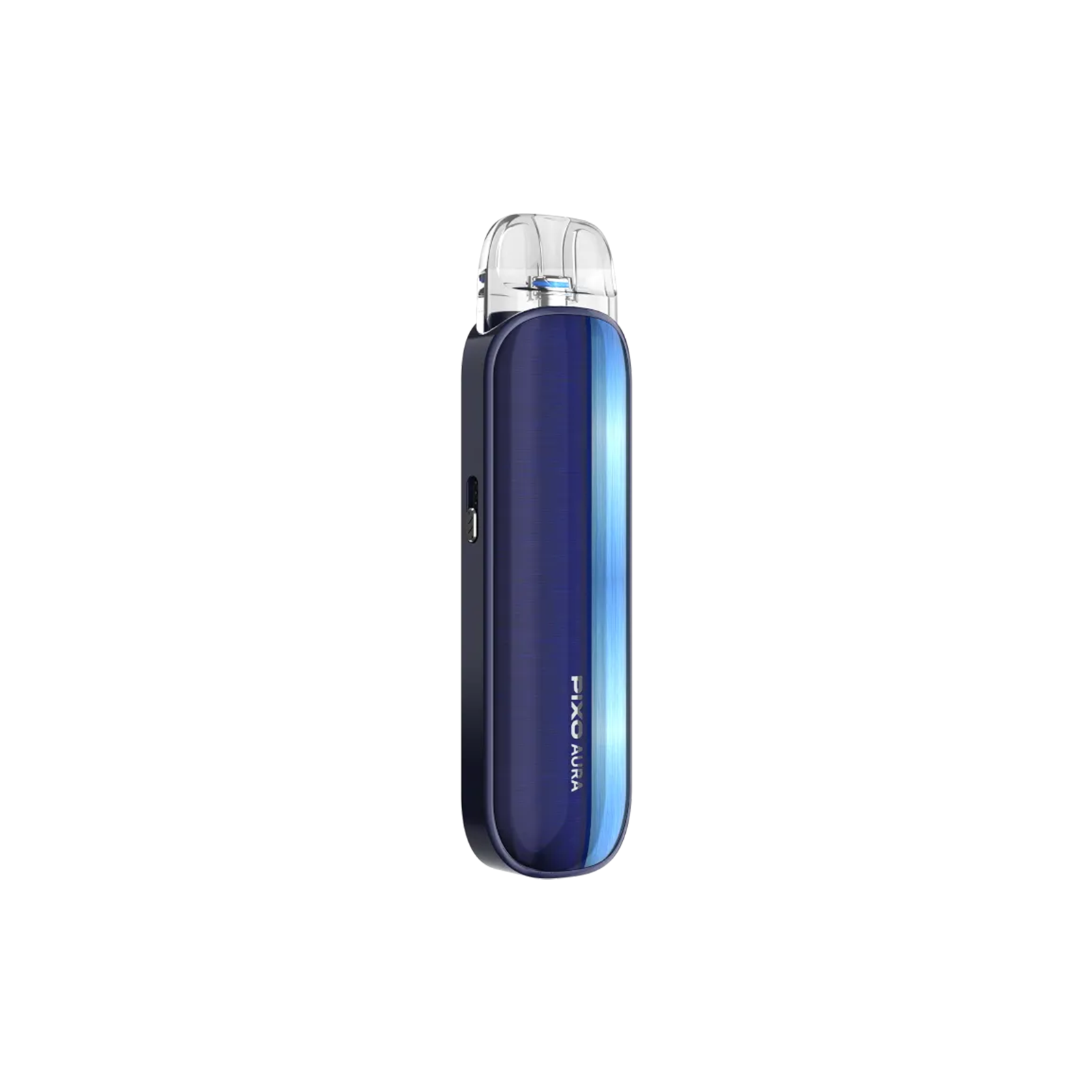 Blaue E-Zigarette Aspire Pixo Aura mit schlankem Gehäuse, LED-Anzeige und Podsystem, seitlich im Bild liegend auf hellem Untergrund. 4