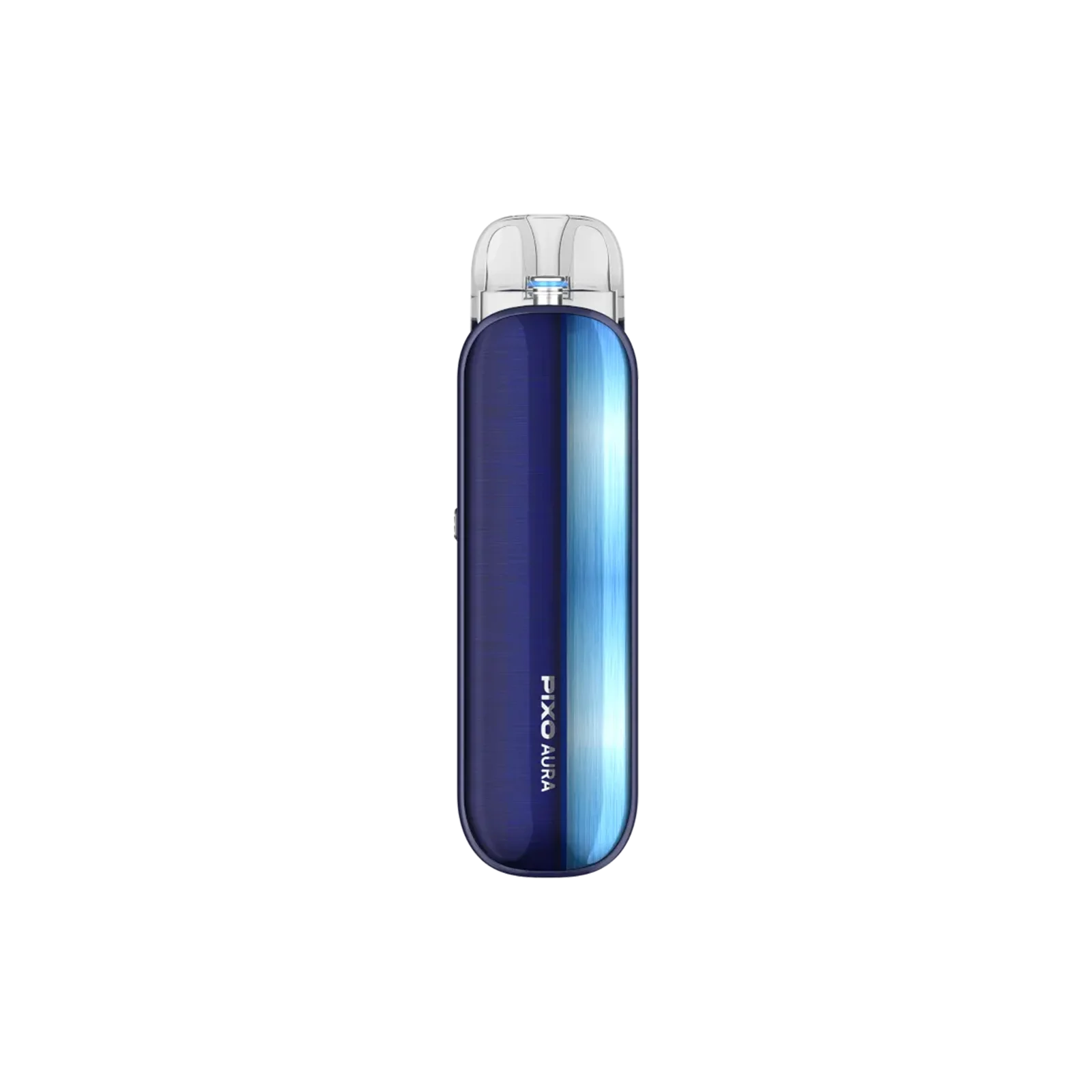 Blaue E-Zigarette Aspire Pixo Aura mit schlankem Gehäuse, LED-Anzeige und Podsystem, seitlich im Bild liegend auf hellem Untergrund. 1