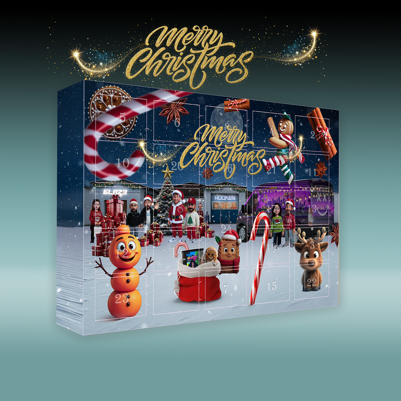 Übersichtsbild frontal vom Hookain 2025 Adventskalender mit weihnachtlicher Stimmung und Merry Christmas Schriftzug