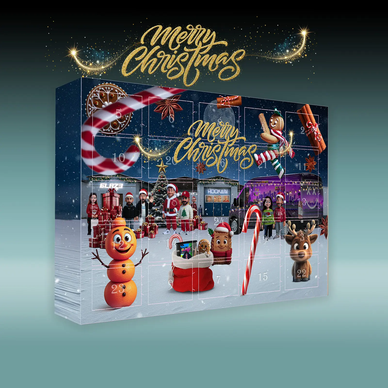 Übersichtsbild frontal vom Hookain 2025 Adventskalender mit weihnachtlicher Stimmung und Merry Christmas Schriftzug Übersichtsbild frontal vom Hookain 2025 Adventskalender mit weihnachtlicher Stimmung und Merry Christmas Schriftzug