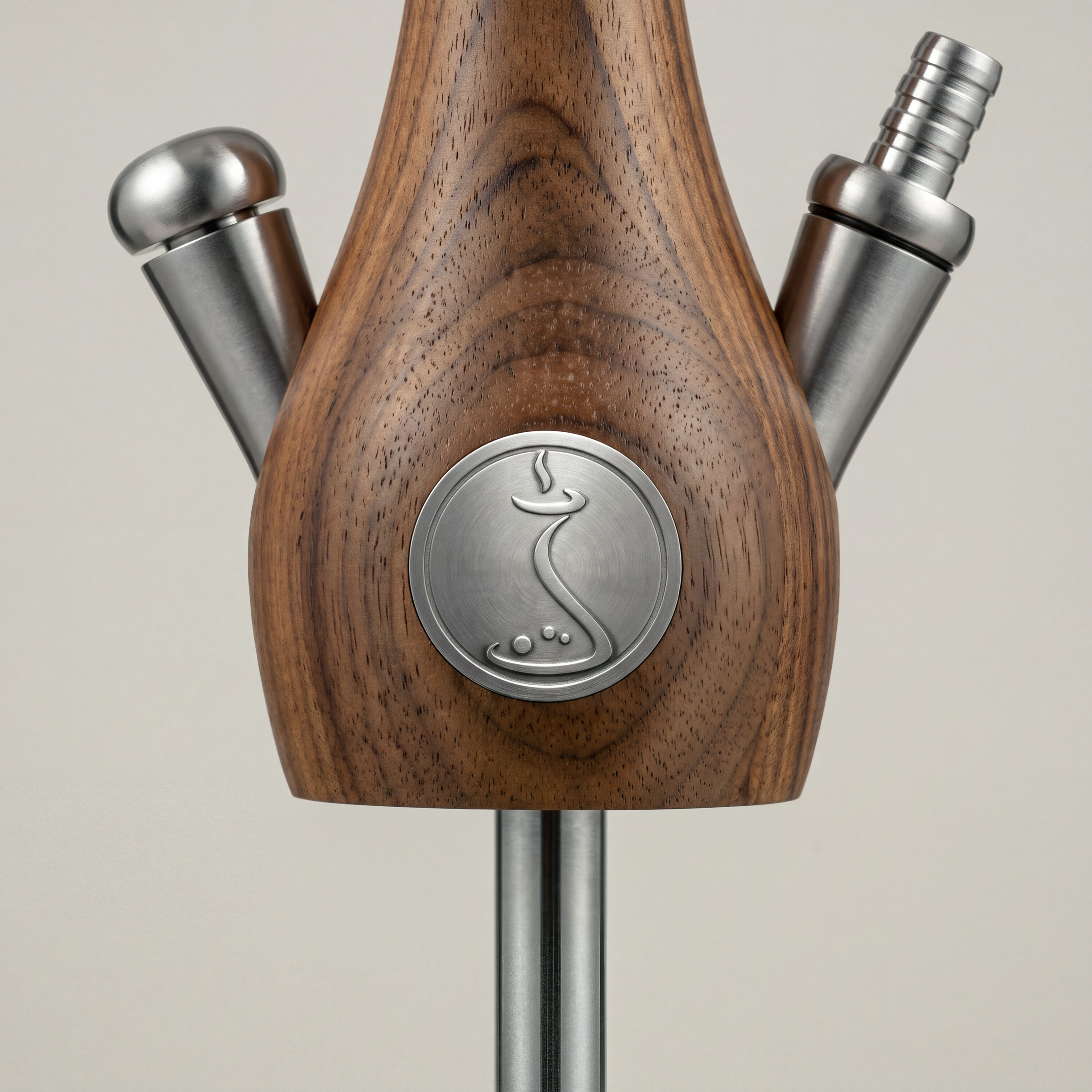 Nussbaum-Bauch der Wookah Body Walnut mit Edelstahl-Medaillon, Ventil und geripptem Schlauchanschluss