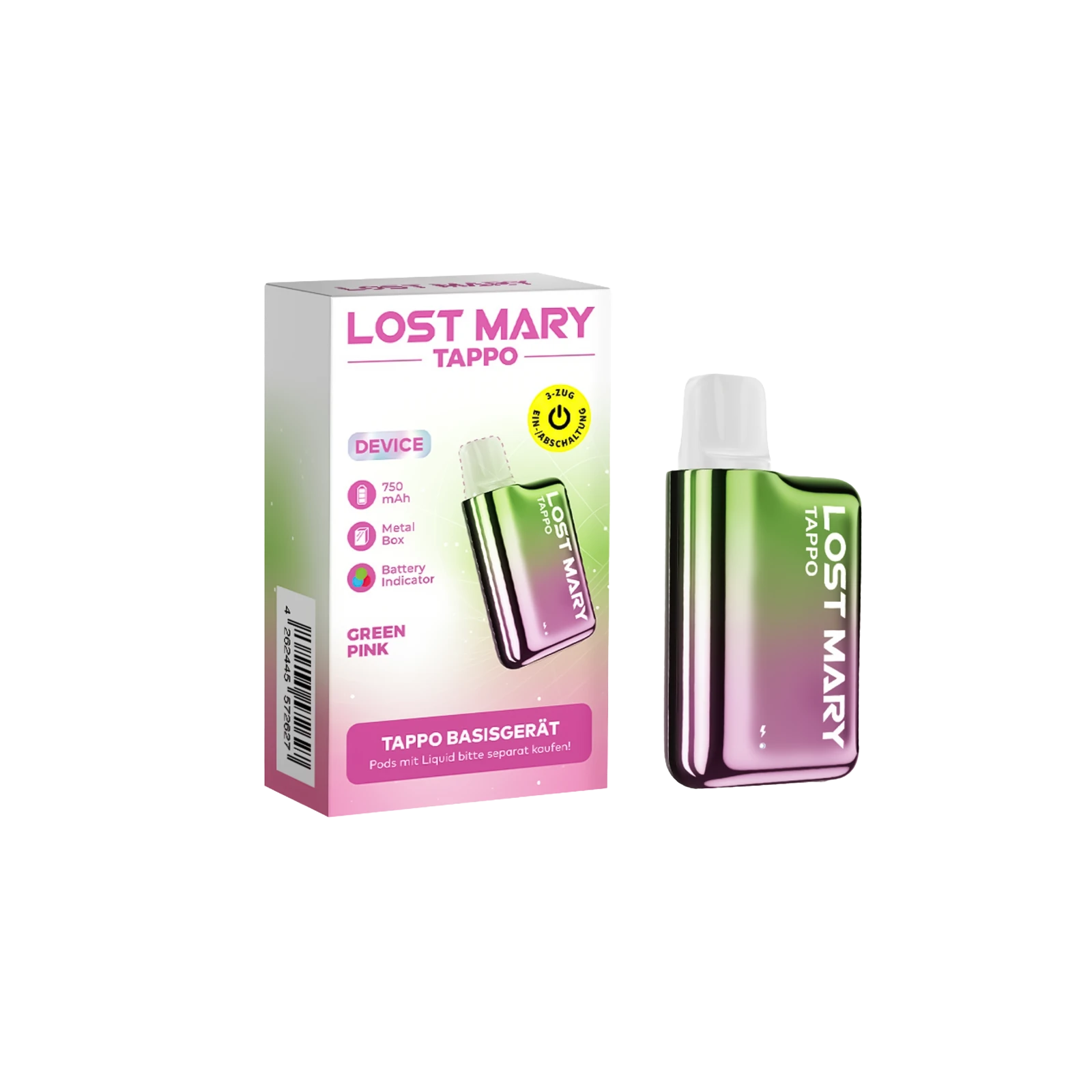 Lost Mary Tappo Basisgerät - Wiederaufladbares PreFilled Pod-System mit LED-Akkuanzeige Green Pink 
