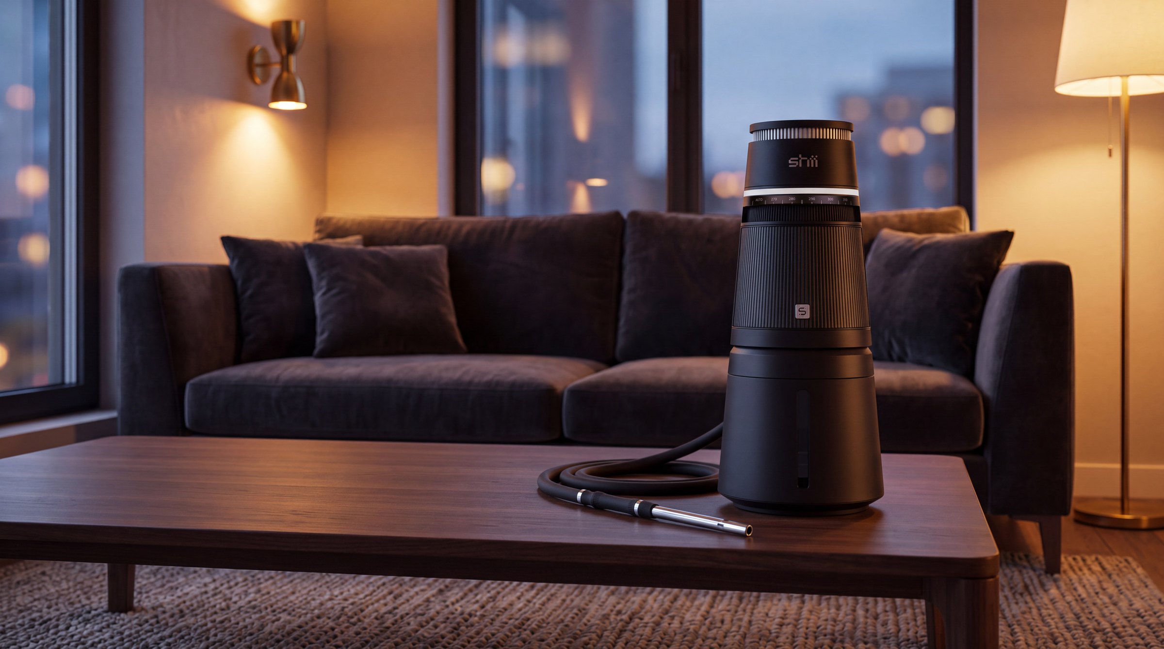 shii Ink Black mit Soft-Touch-Schlauch auf einem Nussbaum-Couchtisch in einer Lounge am Abend