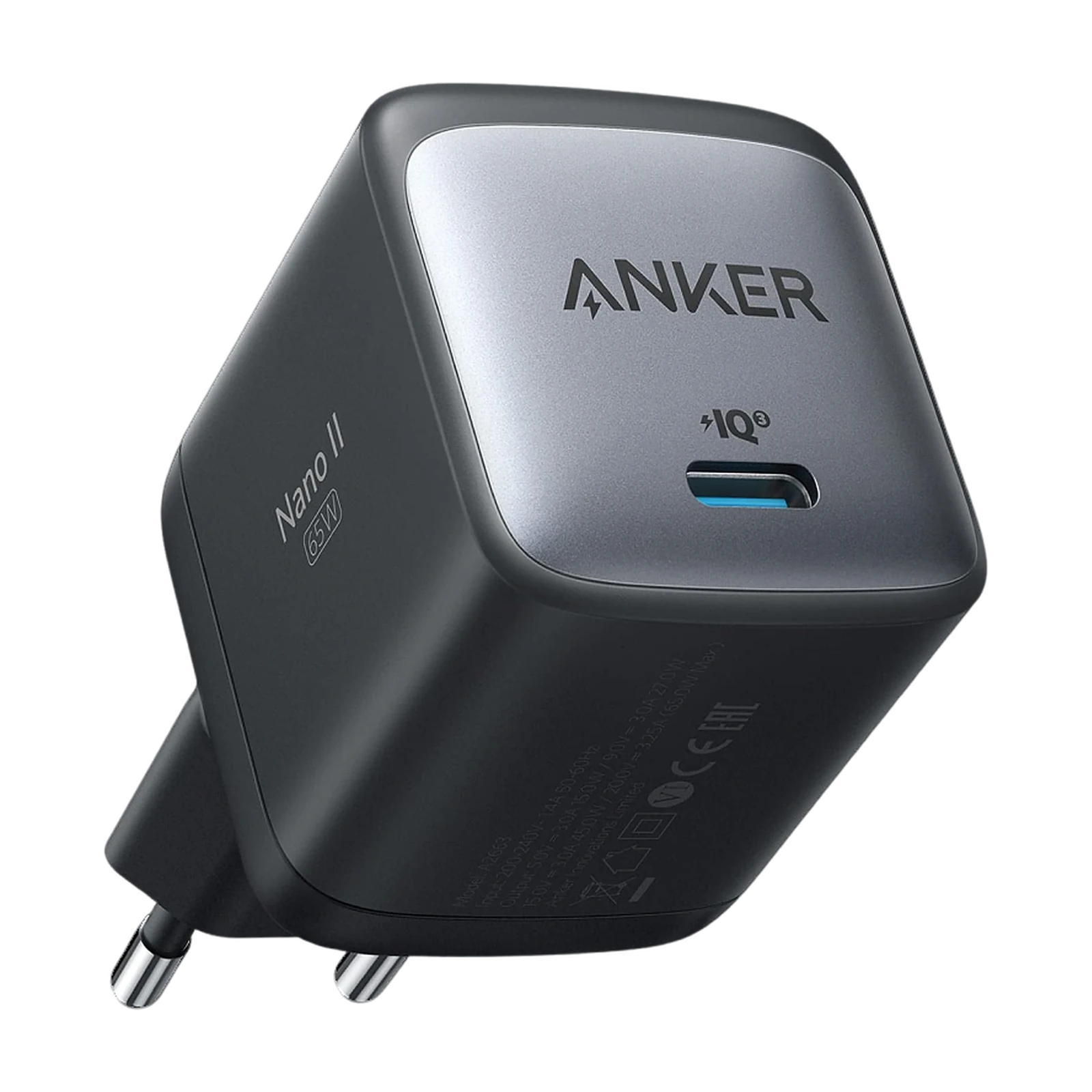 Anker Nano II 65W USB-C-Netzteil in Schwarz mit USB-C-Buchse und Eurostecker