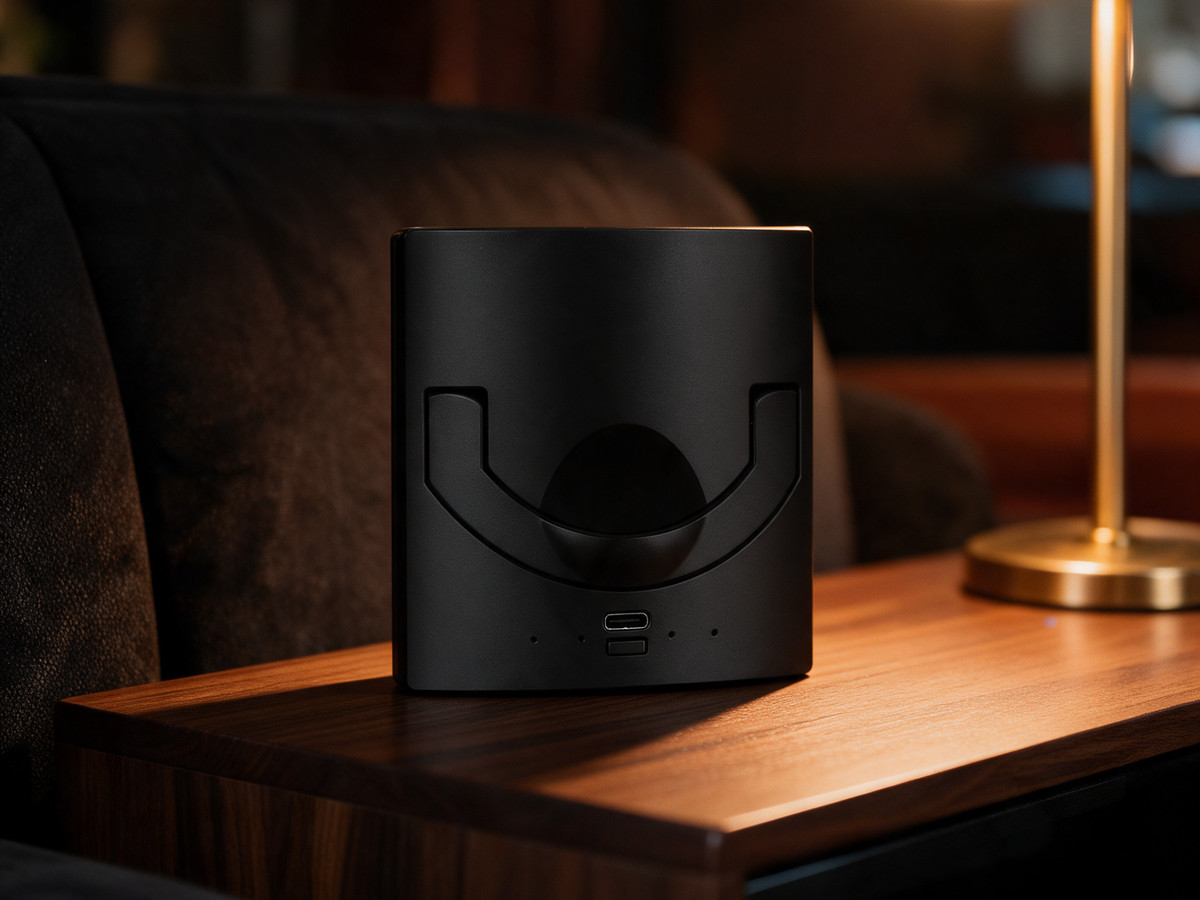 shii Battery S in Ink Black auf einer Nussbaum-Konsole in einer Lounge