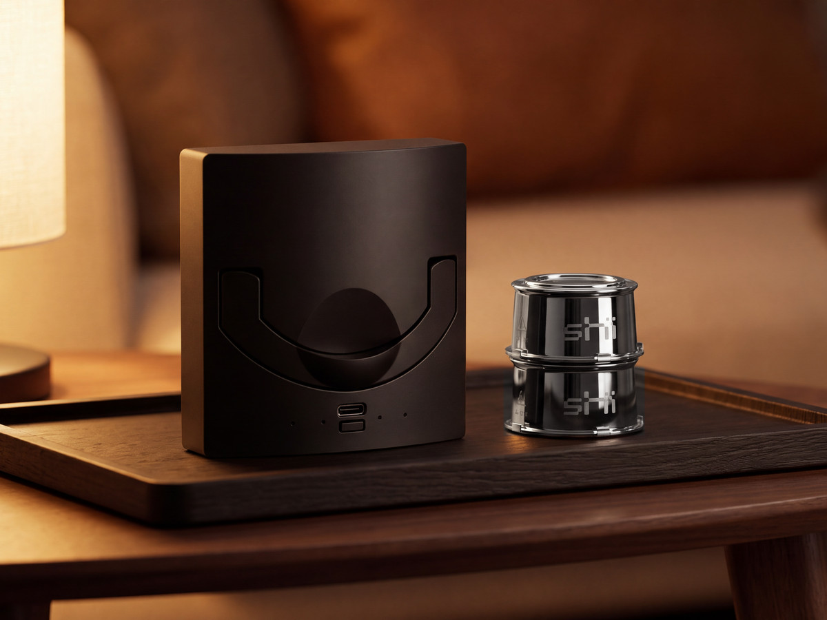 shii Session-Pack: Battery L in Ink Black und zwei Edelstahl-Pods auf einem Holztablett